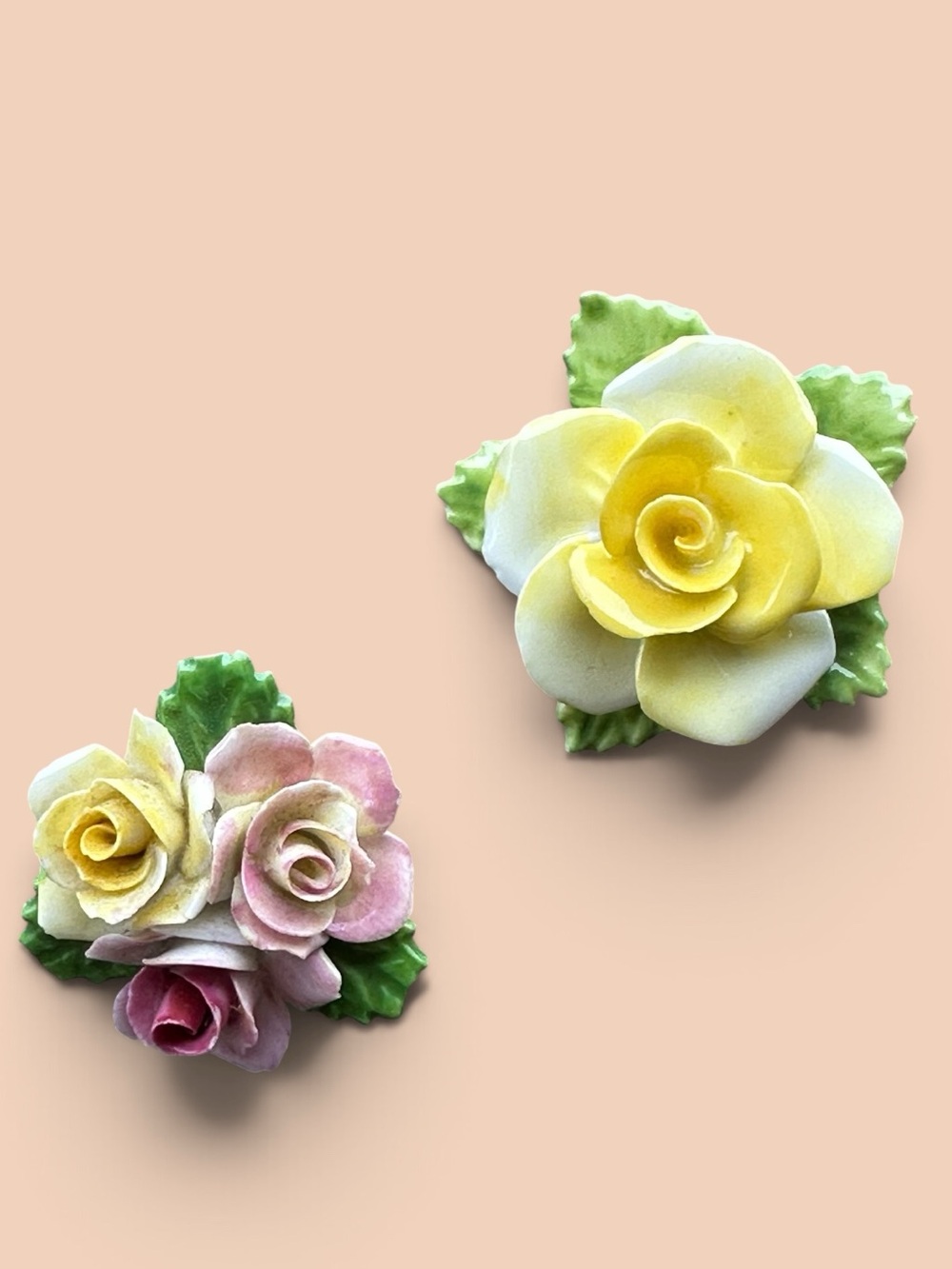 Floral Porcelain Rose Brooch Set - Yellow & Pink